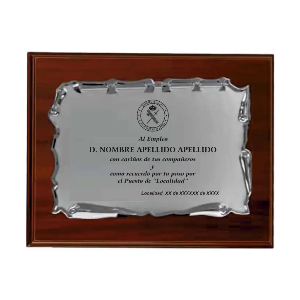 Placa Conmemorativa Guardia Civil Madera-Metal Pergamino Plateado 