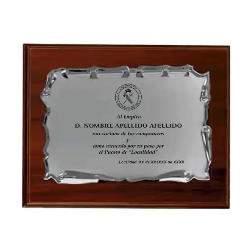 Placa Conmemorativa Policía Nacional Madera-Metal Pergamino Plateado 